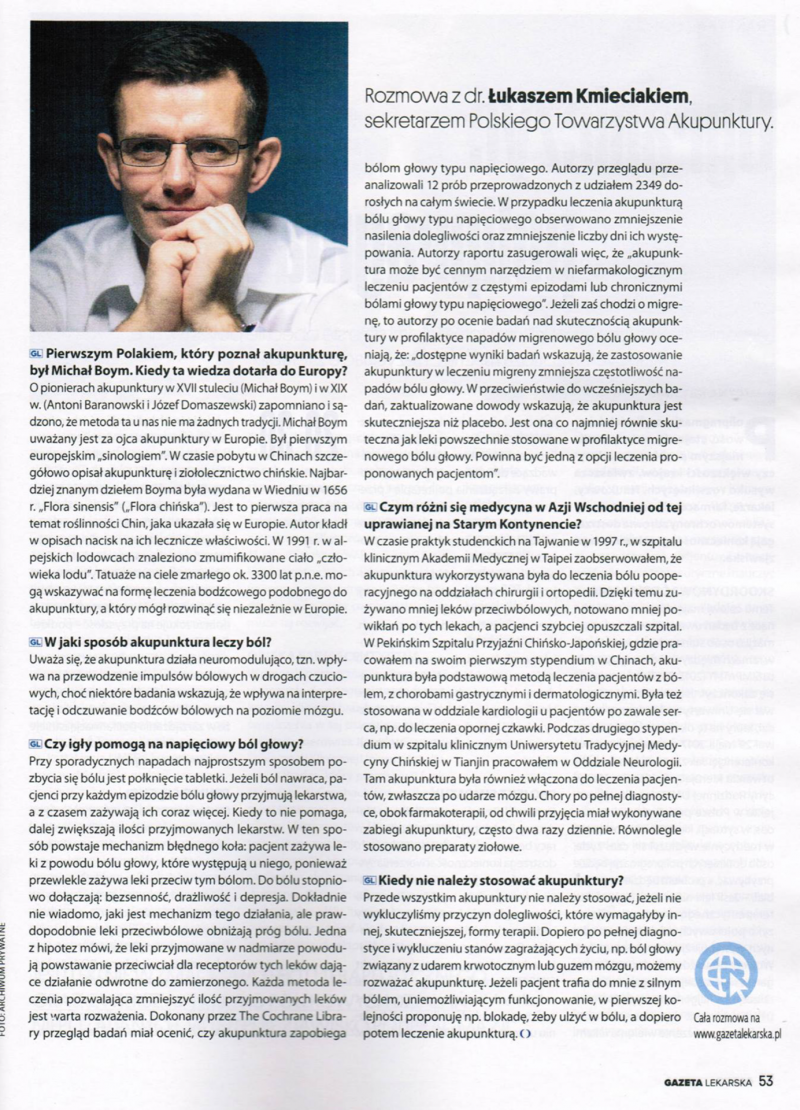 Artykuł w gazecie - Łukasz Kmieciak o akupunkturze
